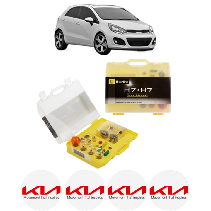 Kit trusa Set becuri H7 compatibila cu KIA RIO III (UB) din 2011-2017, bec far, semnalizare, pozitie, iluminare numar, frana, plafoniera, stop frana