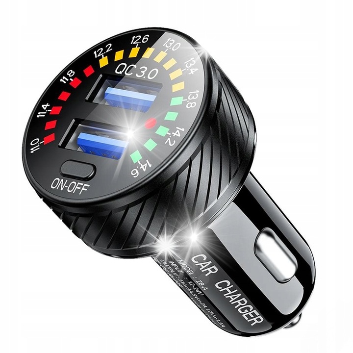 Autós töltő 2x USB QC3.0 36W voltmérővel, 12-24V, 42g