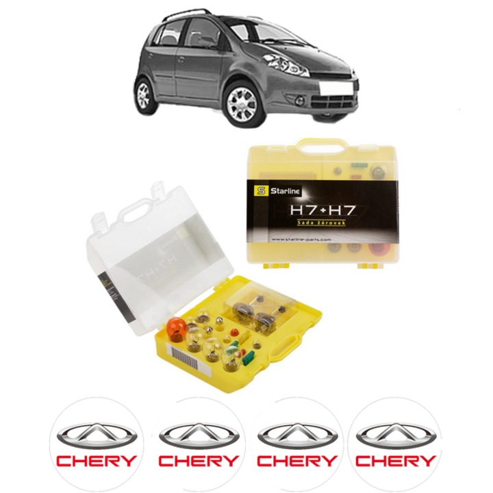 Kit trusa Set becuri H7 compatibila cu CHERY A1 din 2007-2014, bec far, semnalizare, pozitie, iluminare numar, frana, plafoniera, stop frana