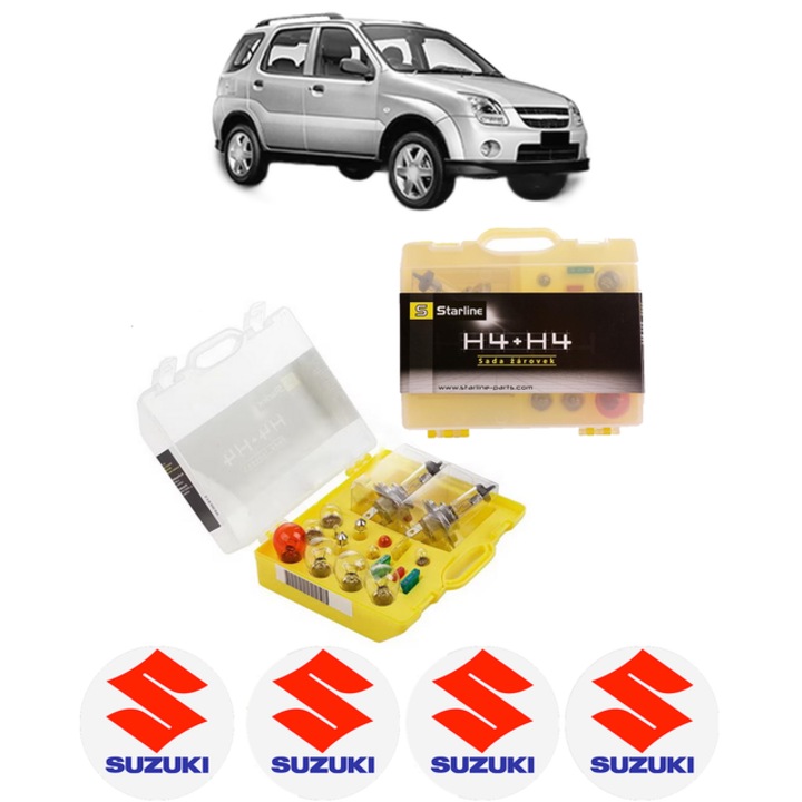 Kit trusa Set becuri H4 compatibila cu SUZUKI IGNIS II (MH) din 2003, bec far, semnalizare, pozitie, iluminare numar, frana, plafoniera, stop frana