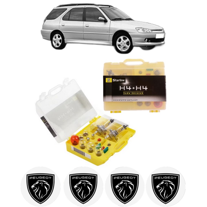 Kit trusa Set becuri H4 compatibila cu PEUGEOT 306 Break (7E, N3, N5) din 1997-2002, bec far, semnalizare, pozitie, iluminare numar, frana, plafoniera, stop frana