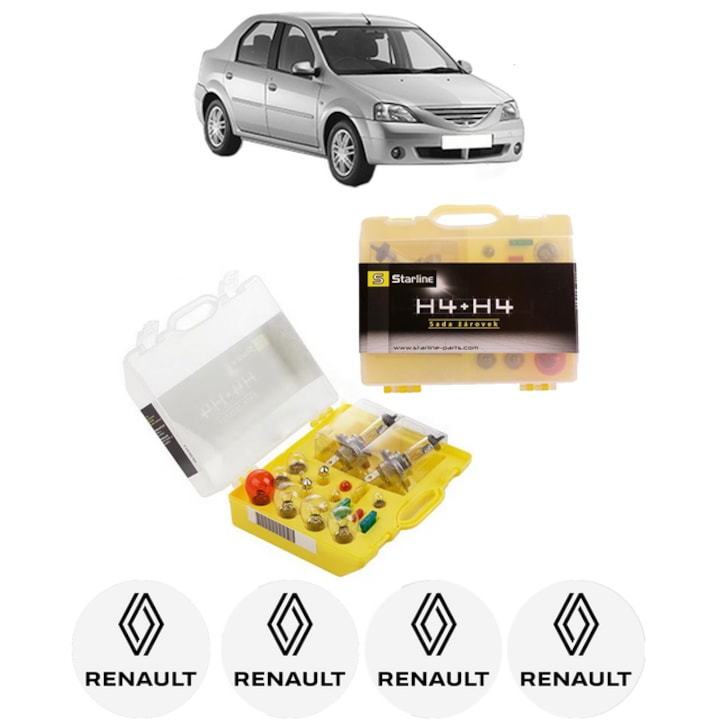 Kit trusa Set becuri H4 compatibila cu RENAULT LOGAN I (LS_) din 2004-2013, bec far, semnalizare, pozitie, iluminare numar, frana, plafoniera, stop frana