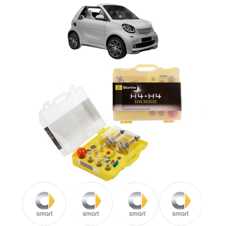 Kit trusa Set becuri H4 compatibila cu SMART FORTWO Convertible (453) din 2015-2017, bec far, semnalizare, pozitie, iluminare numar, frana, plafoniera, stop frana