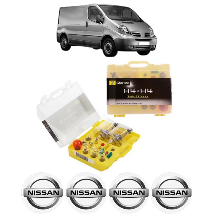 Kit trusa Set becuri H4 compatibila cu NISSAN PRIMASTAR Van (X83) din 2002-2003, bec far, semnalizare, pozitie, iluminare numar, frana, plafoniera, stop frana