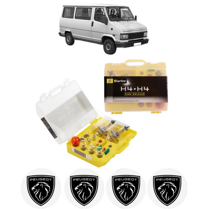 Kit trusa Set becuri H4 compatibila cu PEUGEOT J5 Bus (290P) din 1990-1994, bec far, semnalizare, pozitie, iluminare numar, frana, plafoniera, stop frana