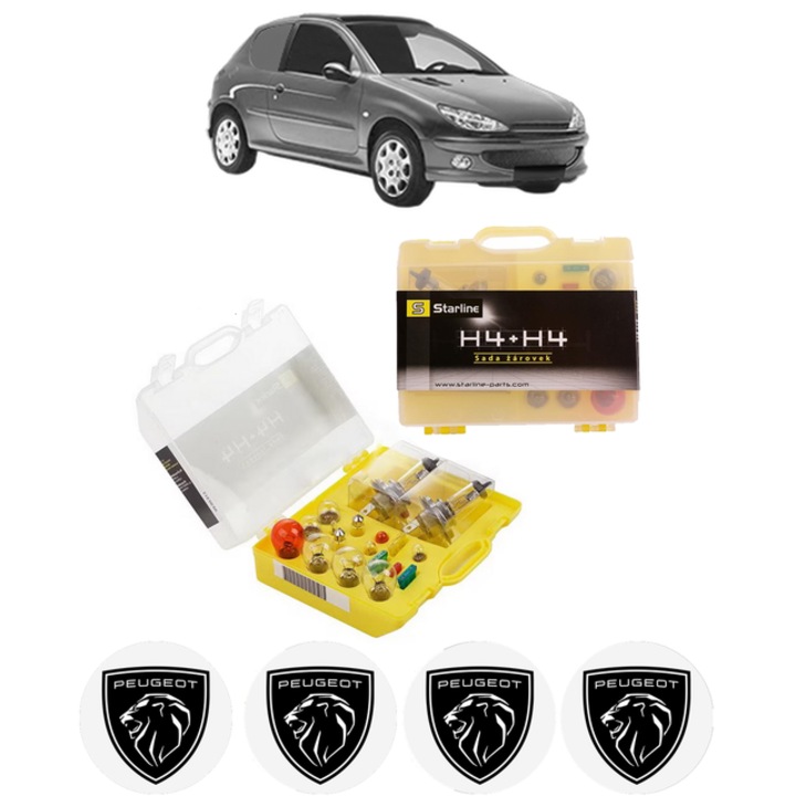 Kit trusa Set becuri H4 compatibila cu PEUGEOT 206 Van din 2001-2009, bec far, semnalizare, pozitie, iluminare numar, frana, plafoniera, stop frana