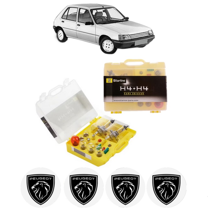 Kit trusa Set becuri H4 compatibila cu PEUGEOT 205 I (741A/C) din 1983-1987, bec far, semnalizare, pozitie, iluminare numar, frana, plafoniera, stop frana