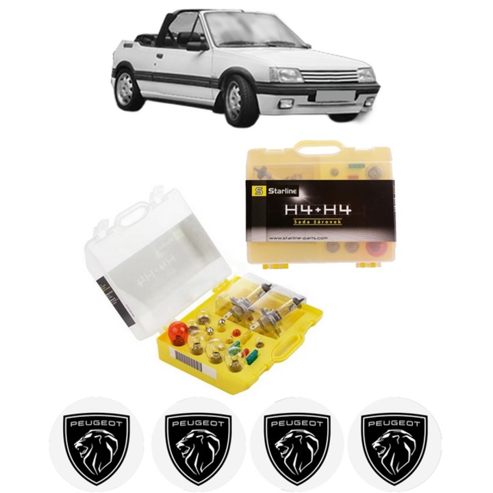 Kit trusa Set becuri H4 compatibila cu PEUGEOT 205 I Convertible (741B, 20D) din 1986-1994, bec far, semnalizare, pozitie, iluminare numar, frana, plafoniera, stop frana