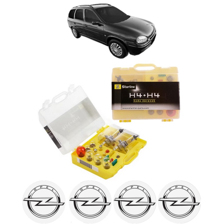 Kit trusa Set becuri H4 compatibila cu OPEL CORSA B Estate (S93) din 1999-2002, bec far, semnalizare, pozitie, iluminare numar, frana, plafoniera, stop frana