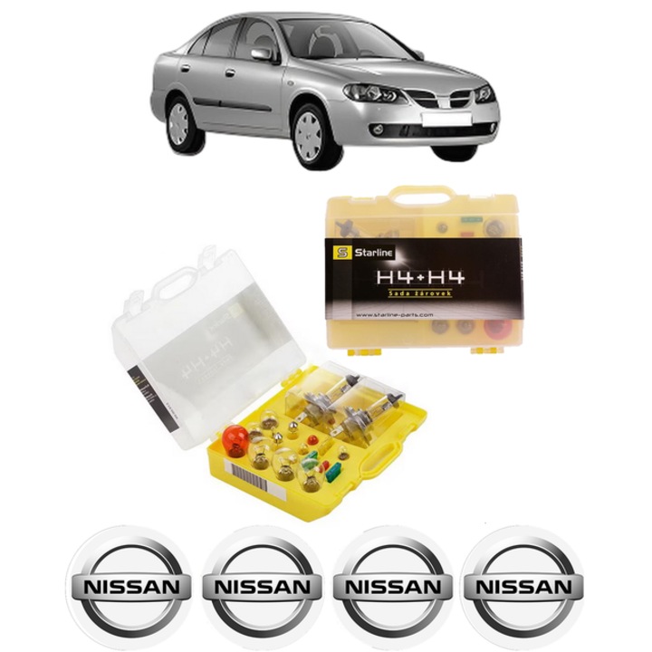 Kit trusa Set becuri H4 compatibila cu NISSAN ALMERA II (N16) din 2000-2006, bec far, semnalizare, pozitie, iluminare numar, frana, plafoniera, stop frana