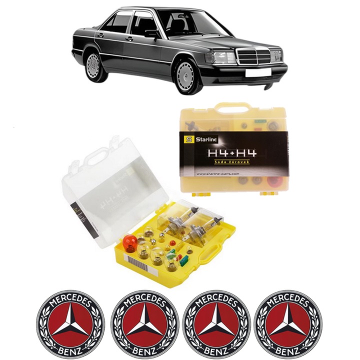 Kit trusa Set becuri H4 compatibila cu MERCEDES-BENZ 190 (W201) din 1982-1993, bec far, semnalizare, pozitie, iluminare numar, frana, plafoniera, stop frana