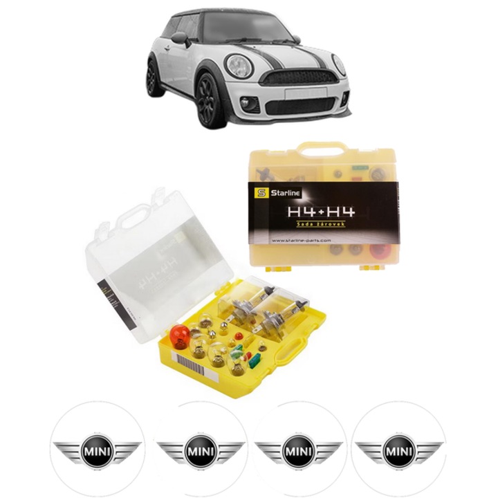 Kit trusa Set becuri H4 compatibila cu MINI MINI CLUBMAN (F54) din 2014-2024, bec far, semnalizare, pozitie, iluminare numar, frana, plafoniera, stop frana