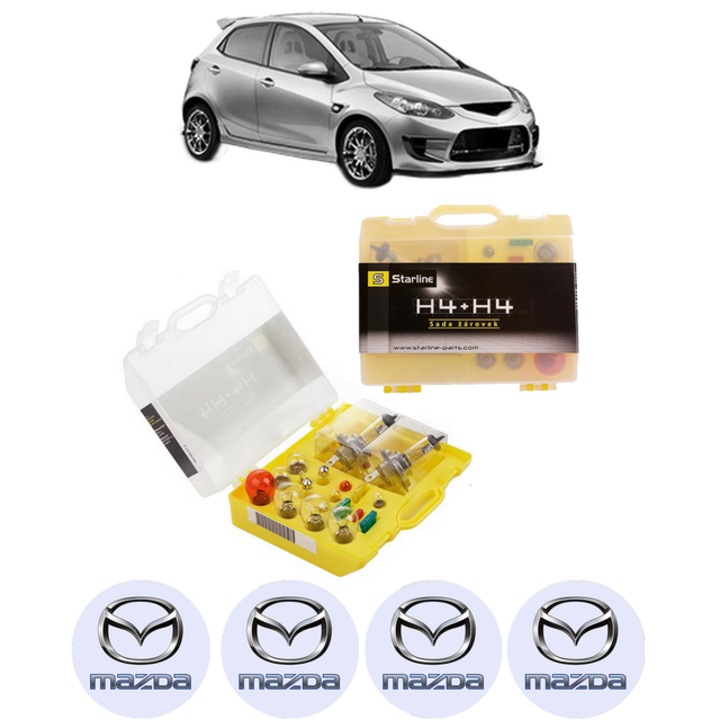 Kit trusa Set becuri H4 compatibila cu MAZDA 2 (DE_, DH_) din 2007-2015, bec far, semnalizare, pozitie, iluminare numar, frana, plafoniera, stop frana