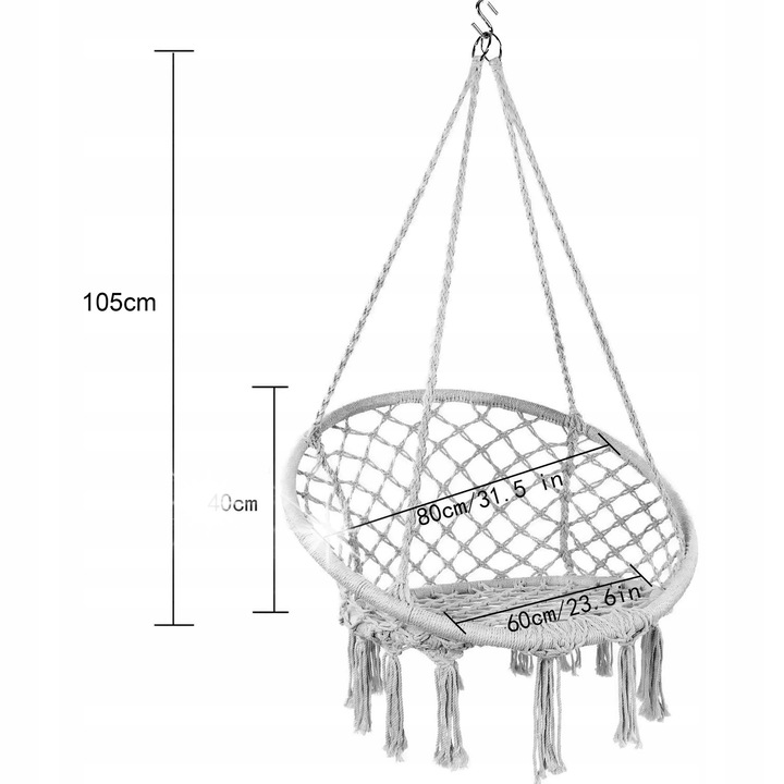 Градинска люлка, висящ фотьойл, Бохо стил, сив, 105x80x80см, комплект със защитна опаковка