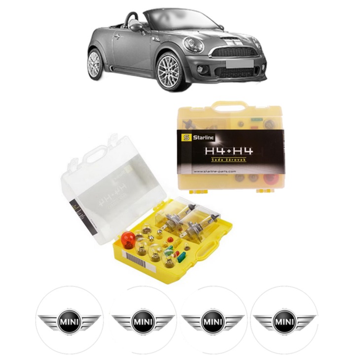 Kit trusa Set becuri H4 compatibila cu MINI MINI Roadster (R59) din 2011-2015, bec far, semnalizare, pozitie, iluminare numar, frana, plafoniera, stop frana
