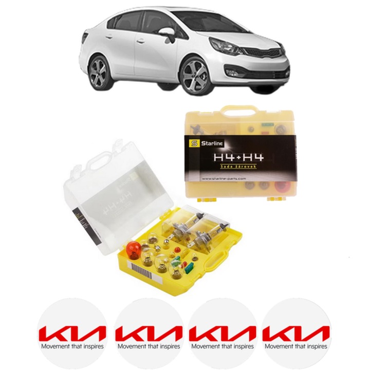 Kit trusa Set becuri H4 compatibila cu KIA RIO III Saloon (UB) din 2011-2017, bec far, semnalizare, pozitie, iluminare numar, frana, plafoniera, stop frana
