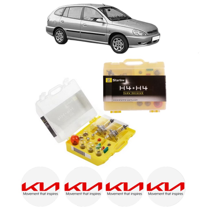 Kit trusa Set becuri H4 compatibila cu KIA RIO I Hatchback (DC) din 2000-2005, bec far, semnalizare, pozitie, iluminare numar, frana, plafoniera, stop frana