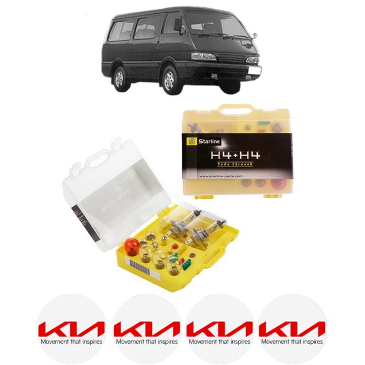Kit trusa Set becuri H4 compatibila cu KIA BESTA Van din 1996-2003, bec far, semnalizare, pozitie, iluminare numar, frana, plafoniera, stop frana