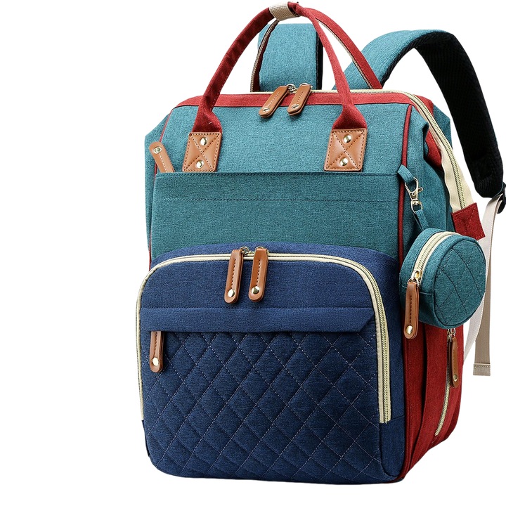 Раница за пелени, 19 джоба, водоустойчива подложка за повиване, 43x30x23см, зелен/син