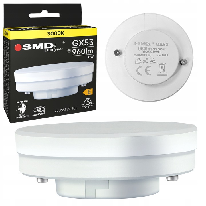 LED крушка GX53 8W 960lm, енергоспестяваща, топло бяла 3000K, без трептене