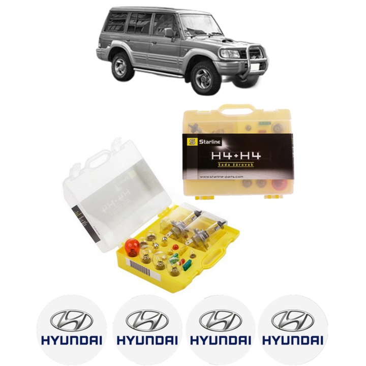 Kit trusa Set becuri H4 compatibila cu HYUNDAI GALLOPER II (JK-01) din 1998-2003, bec far, semnalizare, pozitie, iluminare numar, frana, plafoniera, stop frana