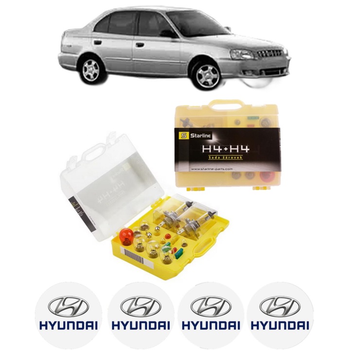 Kit trusa Set becuri H4 compatibila cu HYUNDAI ACCENT II Saloon (LC) din 2000-2005, bec far, semnalizare, pozitie, iluminare numar, frana, plafoniera, stop frana