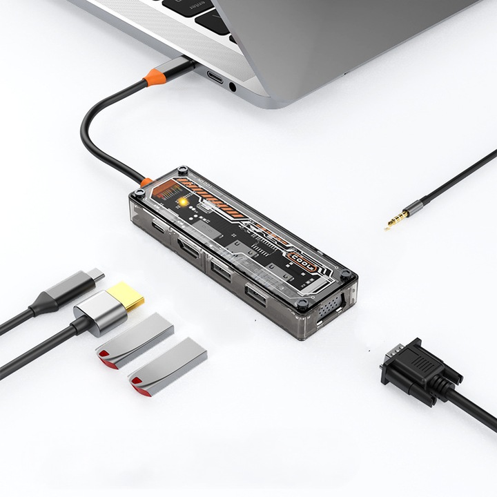 Hub USB-C 6-in-1, 4K, 100W, 1 port USB 3.0, 1 port USB 2.0, audio 3.5mm, pentru laptopuri Type C