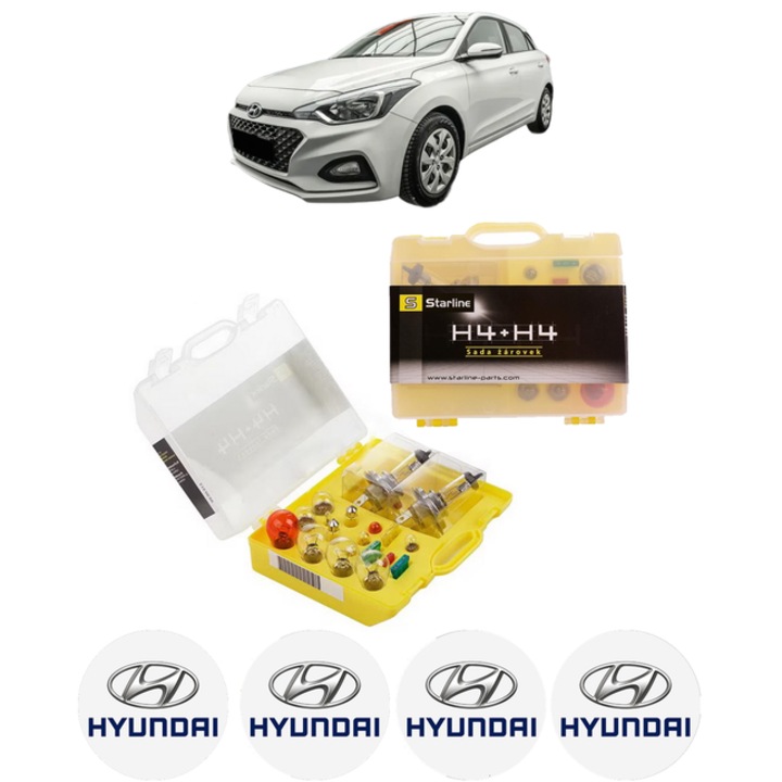 Kit trusa Set becuri H4 compatibila cu HYUNDAI i20 II Hatchback Van (GB, IB) din 2015-2021, bec far, semnalizare, pozitie, iluminare numar, frana, plafoniera, stop frana