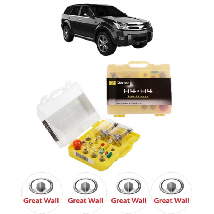 Kit trusa Set becuri H4 compatibila cu GREAT WALL HOVER H3 din 2009, bec far, semnalizare, pozitie, iluminare numar, frana, plafoniera, stop frana