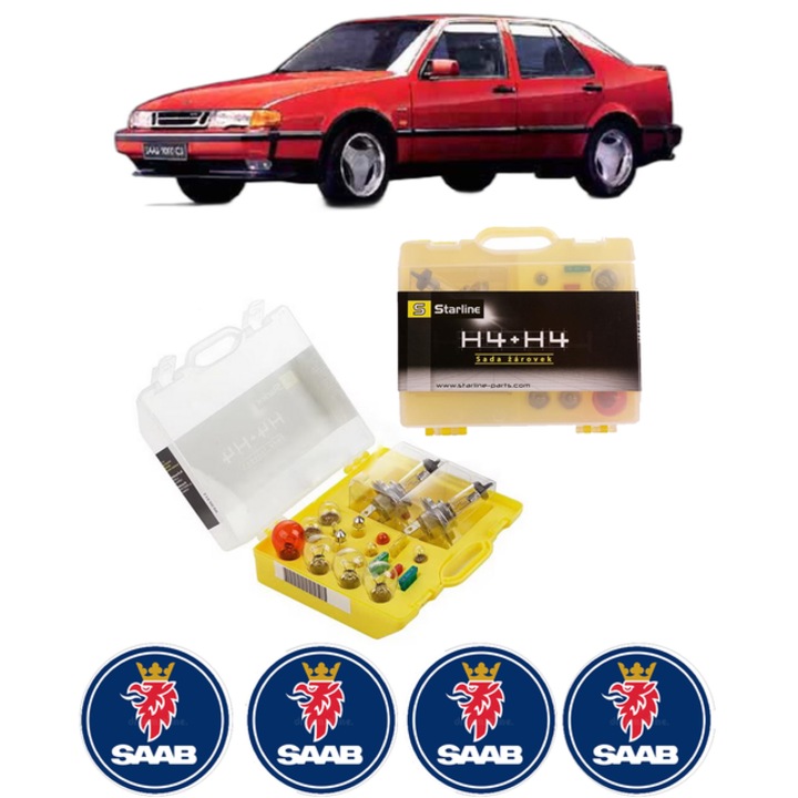 Kit trusa Set becuri H4 compatibila cu SAAB 9000 din 1985-1998, bec far, semnalizare, pozitie, iluminare numar, frana, plafoniera, stop frana