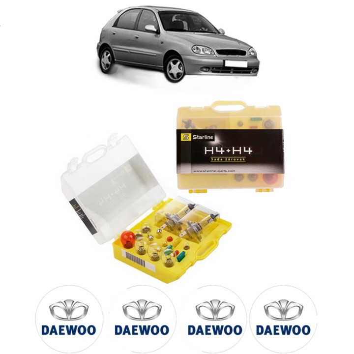 Kit trusa Set becuri H4 compatibila cu DAEWOO LANOS (KLAT) din 1997, bec far, semnalizare, pozitie, iluminare numar, frana, plafoniera, stop frana