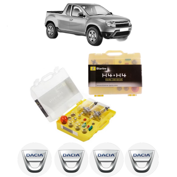 Kit trusa Set becuri H4 compatibila cu DACIA LOGAN Pickup (US_) din 2008-2010, bec far, semnalizare, pozitie, iluminare numar, frana, plafoniera, stop frana