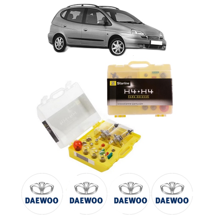 Kit trusa Set becuri H4 compatibila cu DAEWOO TACUMA / REZZO (U100) din 2000-2004, bec far, semnalizare, pozitie, iluminare numar, frana, plafoniera, stop frana