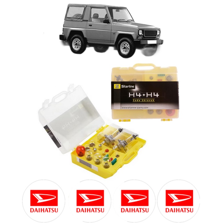 Kit trusa Set becuri H4 compatibila cu DAIHATSU ROCKY Soft Top (F7, F8) din 1985-1998, bec far, semnalizare, pozitie, iluminare numar, frana, plafoniera, stop frana