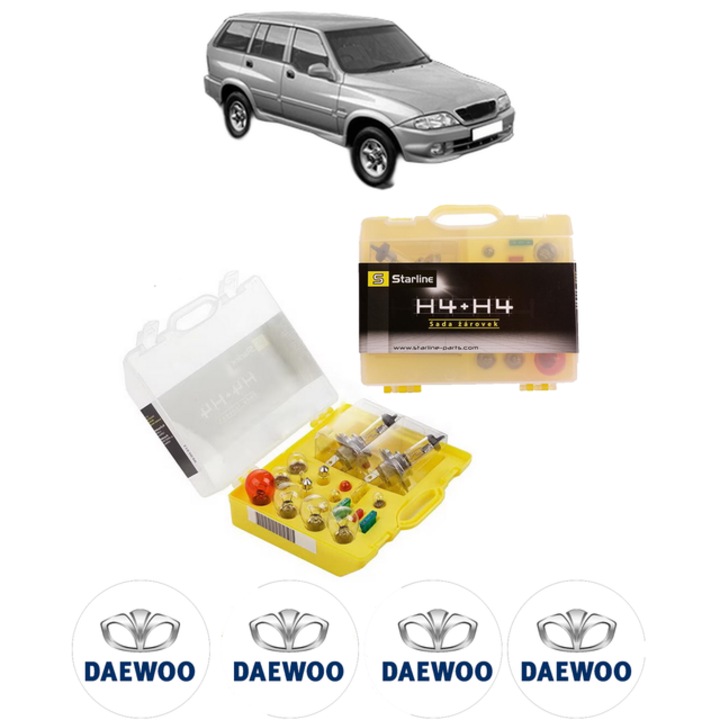 Kit trusa Set becuri H4 compatibila cu DAEWOO MUSSO (FJ) din 1995-2007, bec far, semnalizare, pozitie, iluminare numar, frana, plafoniera, stop frana