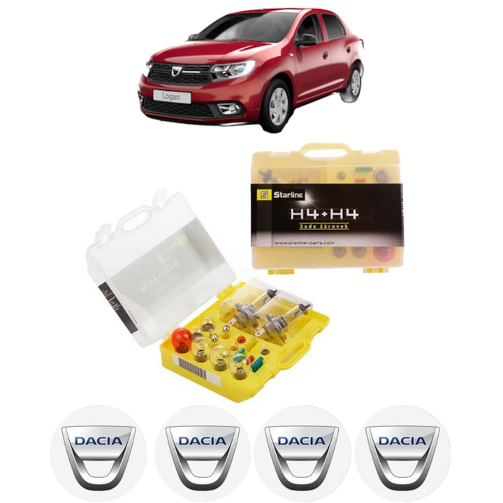 Kit trusa Set becuri H4 compatibila cu DACIA LOGAN II din 2012-2019, bec far, semnalizare, pozitie, iluminare numar, frana, plafoniera, stop frana