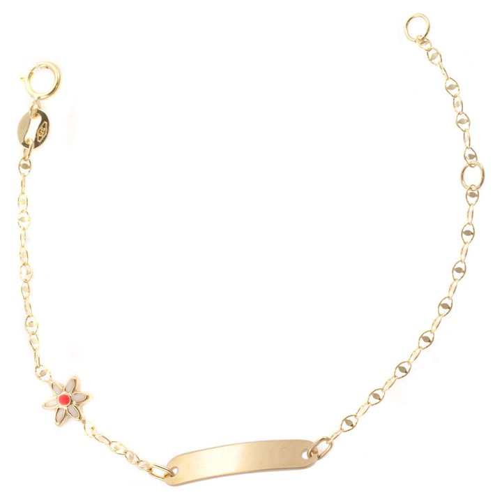 Bratara pentru copii, 9 carate, cu flori rosii si albe, aurie, set