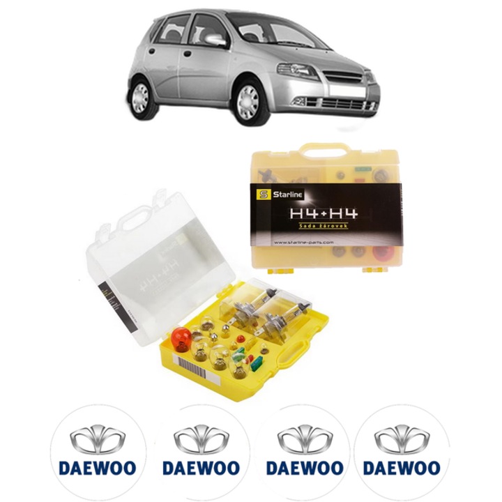 Kit trusa Set becuri H4 compatibila cu DAEWOO KALOS (KLAS) din 2002-2003, bec far, semnalizare, pozitie, iluminare numar, frana, plafoniera, stop frana