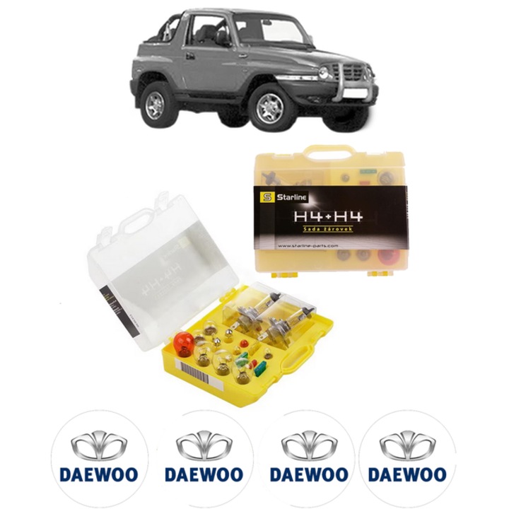 Kit trusa Set becuri H4 compatibila cu DAEWOO KORANDO Cabrio (KJ) din 1997-2006, bec far, semnalizare, pozitie, iluminare numar, frana, plafoniera, stop frana
