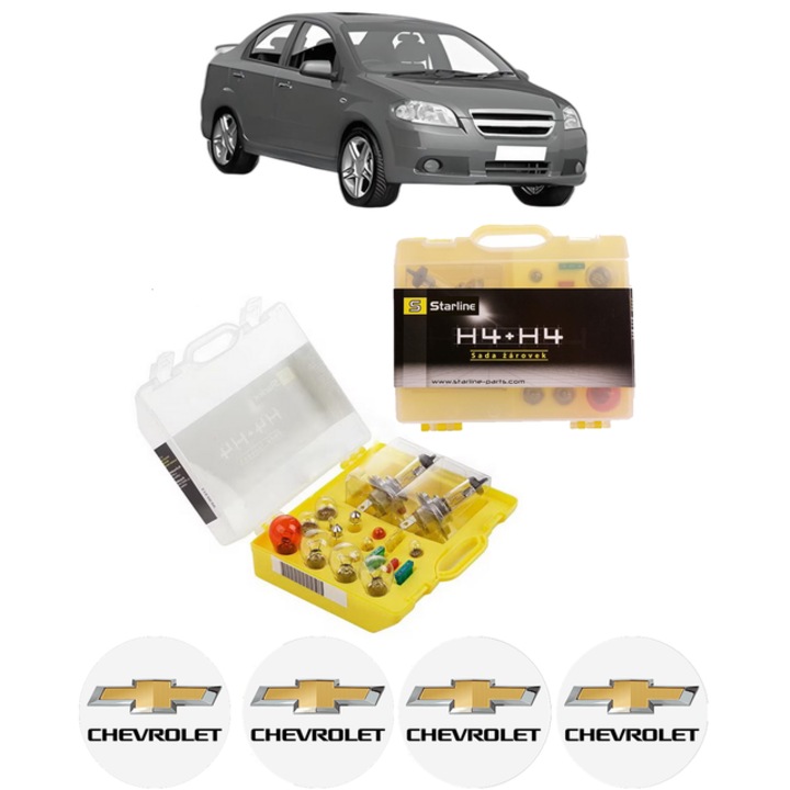 Kit trusa Set becuri H4 compatibila cu CHEVROLET AVEO / KALOS Hatchback (T250, T255) din 2006-2011, bec far, semnalizare, pozitie, iluminare numar, frana, plafoniera, stop frana