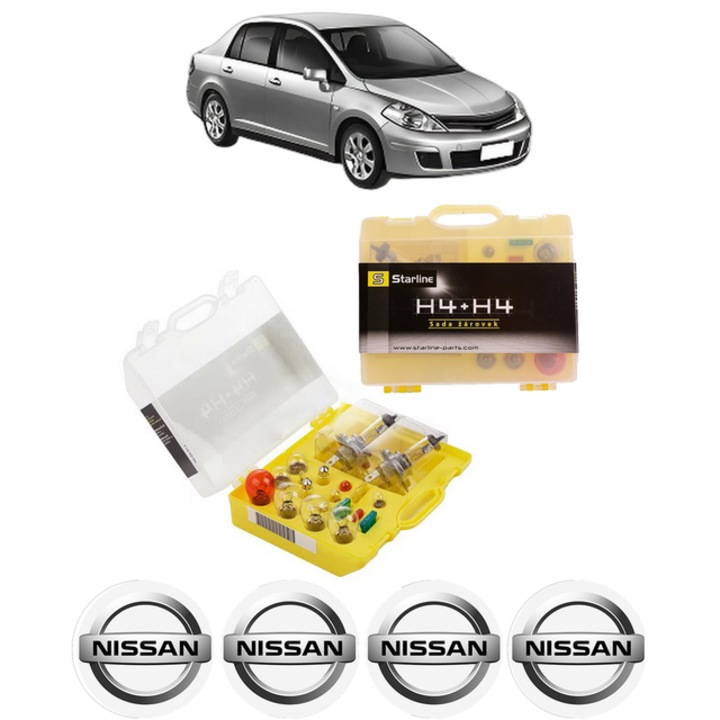 Kit trusa Set becuri H4 compatibila cu NISSAN TIIDA Saloon (SC11) din 2007-2012, bec far, semnalizare, pozitie, iluminare numar, frana, plafoniera, stop frana