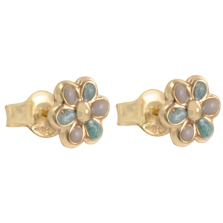 Cercei copii set, louloudi aur 9 karate, tirkouaz si alb smalto