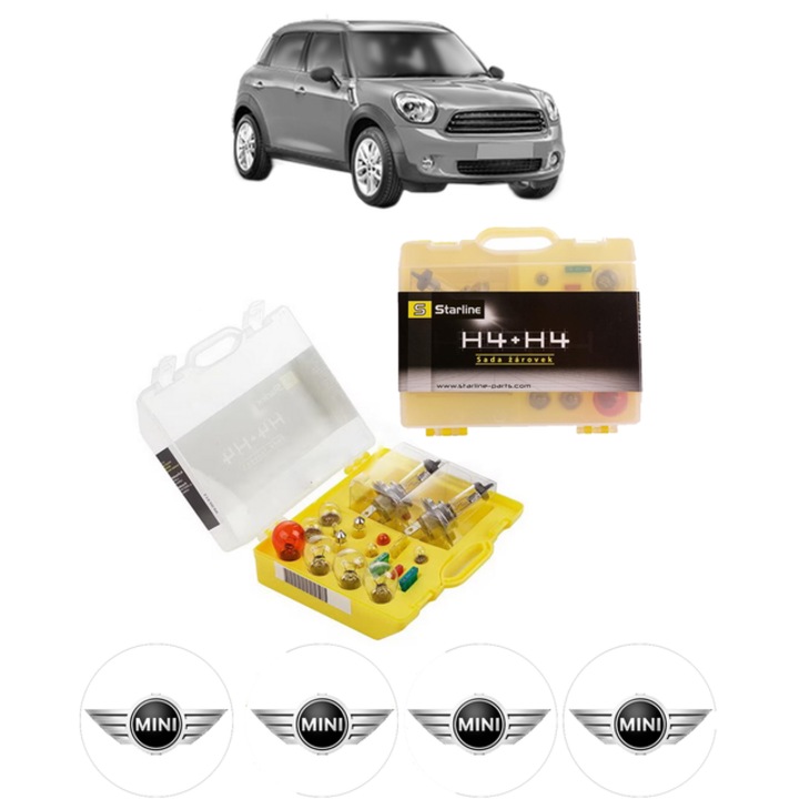 Kit trusa Set becuri H4 compatibila cu MINI MINI COUNTRYMAN (R60) din 2010-2016, bec far, semnalizare, pozitie, iluminare numar, frana, plafoniera, stop frana