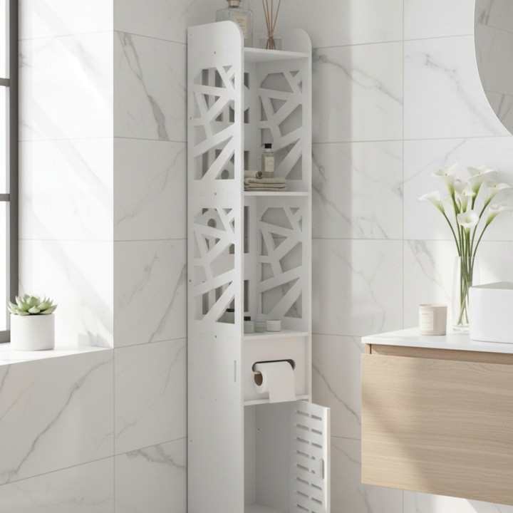 Corp de baie tip coloana, PLATAN SOFA, pentru spatii inguste Alb din PVC rezistent cu multiple spatii de depozitare