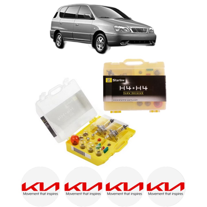 Kit trusa Set becuri H4 compatibila cu KIA CARENS I MPV (FC, FJ) din 2000-2007, bec far, semnalizare, pozitie, iluminare numar, frana, plafoniera, stop frana