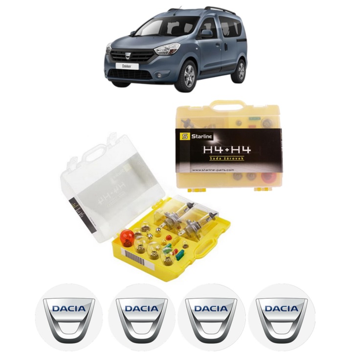 Kit trusa Set becuri H4 compatibila cu DACIA DOKKER Box Body/MPV din 2012-2021, bec far, semnalizare, pozitie, iluminare numar, frana, plafoniera, stop frana