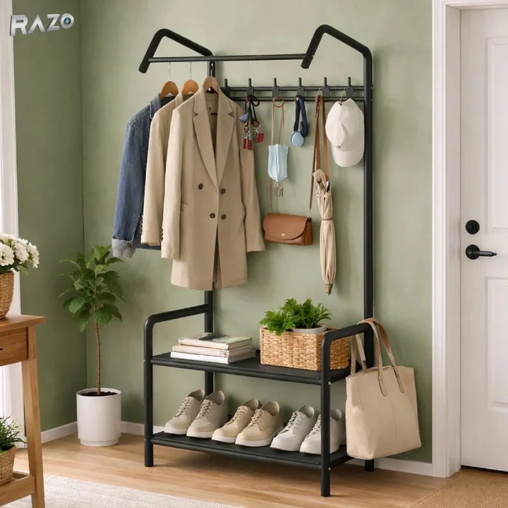 Raft pentru haine si pantofi 2 in 1 RAZO, Suport metalic pliabil, Bara pentru umerase, Polita pantofi, 166x60x32 cm, Negru