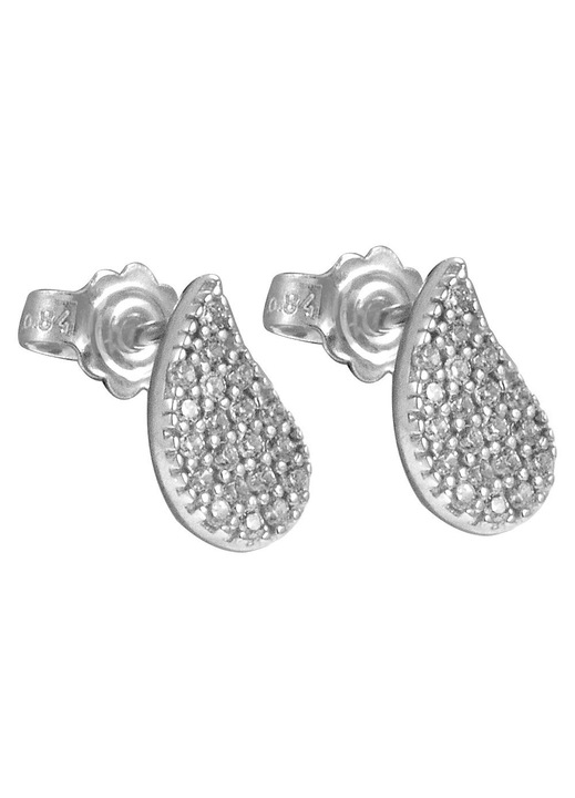 Cercei dama, aur alb 9K, cu pietre zirconiu, argintiu