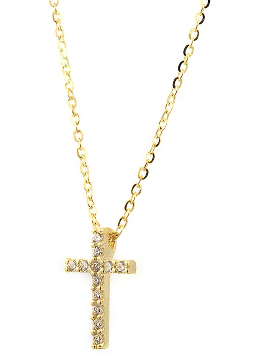 Colier cu stauros din aur de 9 carate si pietre zircon, bijuterii dama, design clasic
