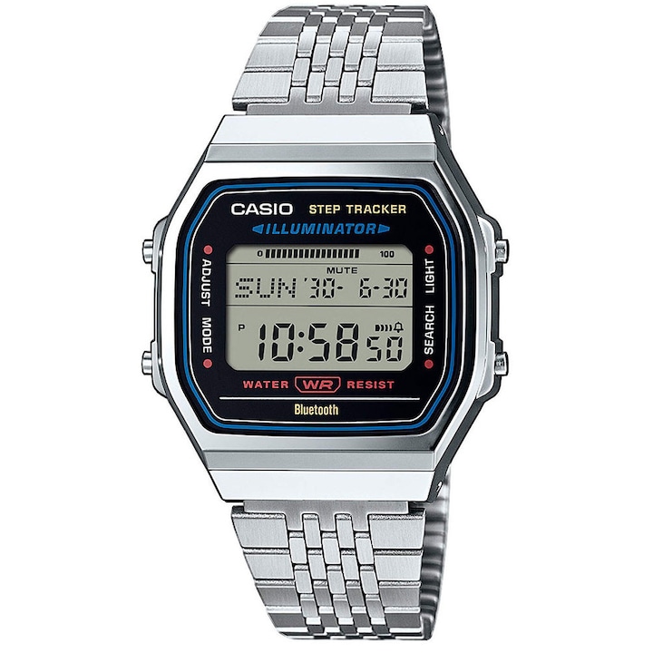 Ceas inteligent CASIO ABL-100WE-1AEF, bratara din otel inoxidabil, functii Bluetooth, iluminare LED, 12/24 ore